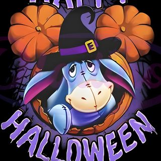 an animal wearing a witches hat and holding a pumpkin in it's mouth with the words happy halloween Eeyore Halloween Eeyore Thanksgiving, Eeyore Pumpkin, Eeyore Halloween, Goth Eeyore, dark slate gray