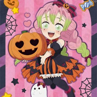 an anime character holding a pumpkin on top of a pink and black striped wallpaper Mitsuri Halloween Demon Slayer Halloween Icons, Image Halloween, Anime Halloween, Anime Room, rosy brown