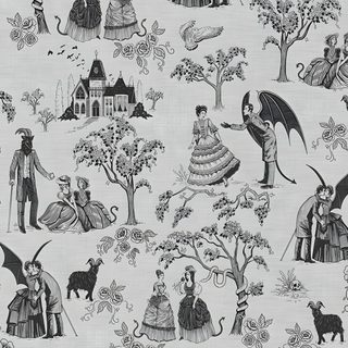 black and white images of people in various costumes, trees, and houses on a linen background Halloween Toile silver