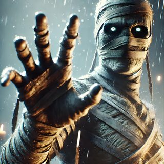 a creepy looking man holding his hands up in the rain Halloween Mummies Halloween Decoration Ideas, Halloween Spooky Scene, Mysterious Mummy In Rain, dim gray