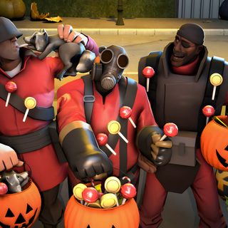 two men dressed in costumes holding pumpkins and wearing gas masks, standing next to each other Tf2 Halloween Pyro X Soldier, Tf2 Halloween, Tf2 Pyro X Engineer, Tf2 Pyro B Team Background, dark olive green
