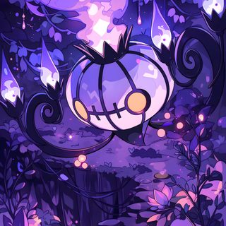an image of a cartoon pumpkin floating in the air with flowers and leaves around it Pokemon Halloween Iphone Zubat Art, Garbodor Pokemon Art, Cute Purple Pokemon, dark slate blue