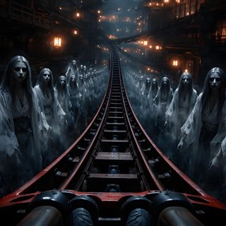 a group of people standing on top of a train track in the middle of a tunnel Halloween Roller Coaster Ferris Wheel, black