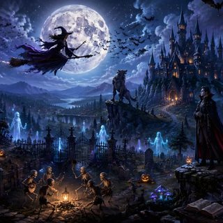 an image of a halloween scene with witch flying over the town Halloween Village For Pc dark slate gray
