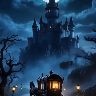 a horse drawn carriage in front of a castle at night with the moon behind it Disney Castle Halloween Castle Dracula, Dracula Castle Hd, Spooky Castle Hd, dark slate gray