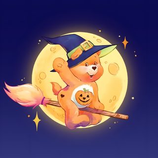 a teddy bear flying on a broom in front of the moon with a witch's hat Care Bear Halloween Carebear Halloween, Care Bear Halloween, Care Bears Halloween, midnight blue