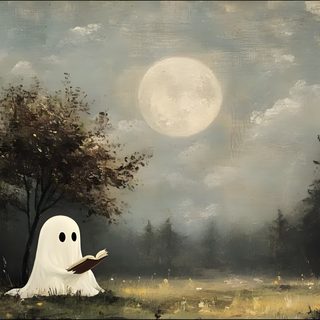 a painting of a ghost reading a book in a field with trees and the moon behind it Halloween Gost Laptop Aesthetic Vintage, Laptop Screen, Tv Screensaver Aesthetic, Halloween Computer, gray
