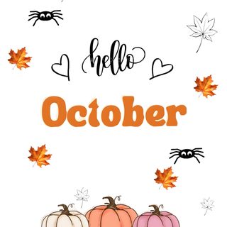a hello october card with pumpkins, leaves and spider web on the bottom right corner Halloween Hello October Cute October, October Cute, Hello October Halloween, Preppy October, white