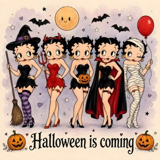 three girls dressed up in halloween costumes with bats and pumpkins Betty Boop Halloween silver