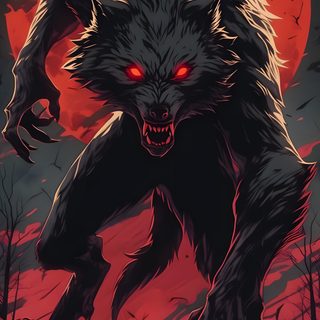a wolf with red eyes and fangs on it's face walking through the woods Halloween Werewolf Cool Werewolf Art, Red Werewolf, Werewolves Art, Scary Werewolf, dark slate gray