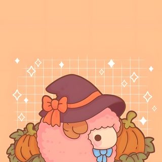 an animal with a hat and some pumpkins Halloween Sheep Sheep And Pumpkin Drawing Easy, Kawaii Fall Background, Sheep Phone, burlywood