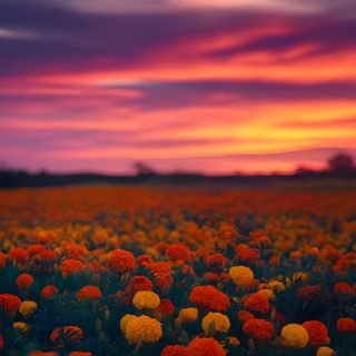 a field full of orange and yellow flowers under a purple sky Halloween Marigold Pretty Flowers Pictures, Flower Background, Memories Aesthetic, Arte Mexicano, brown