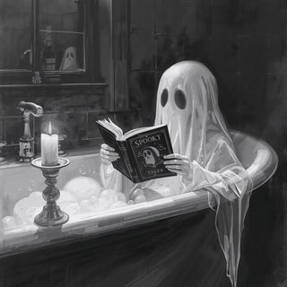 a black and white drawing of a ghost reading a book in a bathtub filled with bubbles Halloween Themed Bathroom Bathroom Ghost, Funny Ghosts, Spooky Reading Aesthetic, dark slate gray