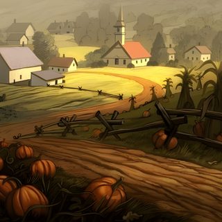 a painting of pumpkins on the ground in front of a country road and farm Halloween Farm Over The Garden Wall Pumpkin Village, Over The Garden Wall Setting, Over The Garden Wall Background, dark olive green