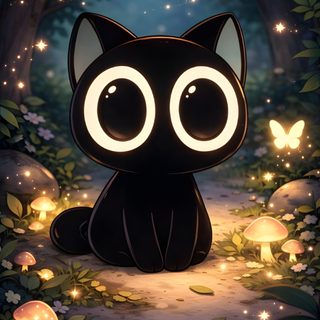 a black cat sitting in the middle of a forest with glowing lights on it's eyes Kawaii Halloween Halloween Kawaii Cute Black Cat Hello, Black Cat Pfp Cartoon, Black Cat Cartoon, dark slate gray
