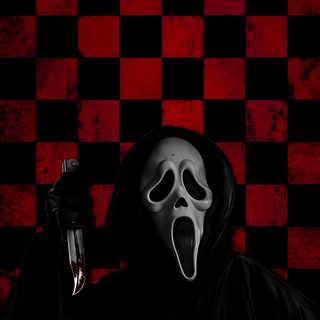 a person wearing a mask and holding a bottle in front of a checkered wall Halloween Scream black