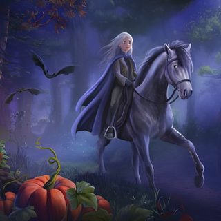 a painting of a woman riding on the back of a white horse through a forest Star Stable Halloween 1920x1080 The Legend Of Sleepy Hollow Art, Star Stable Online Logo, Headless Horseman Background, dark slate gray