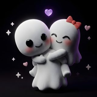 two little white ghost hugging each other in front of a black background with hearts and stars Halloween Love Couple Illustration, Couple, Kawaii Aesthetic, Romantic Couple Photography, black