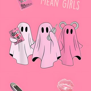 three ghost stickers with the words mean girls on them, and two pink lips Cute Halloween Mean Girls Pink Preppy Halloween, Cute Halloween Mean Girls, Mean Girls Halloween,