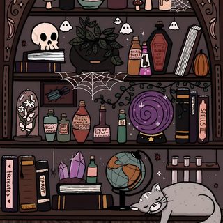 a book shelf filled with lots of books and various items on top of each other Halloween Bookshelf dark slate gray