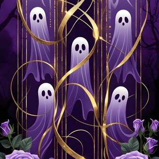 a painting of three ghost with purple roses in front of them and gold spirals on the sides Purple Edgy Aesthetic Halloween Purple Halloween, Tis The Season, Ghosts On Purple Background, dark slate gray
