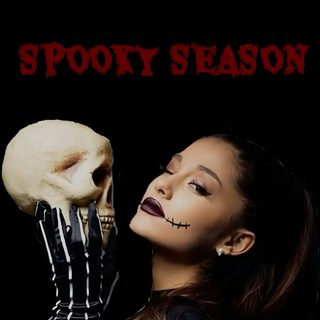 a woman holding a skull in her hand with the words spooky season on it Ariana Grande Halloween Ariana Grande Corpse Bride, Ariana Grande Jack Skellington, Ariana Grande Halloween 2023, black