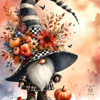 a painting of a wizard with flowers and pumpkins Halloween Gnome Design Gnome Images, Gnome Pictures, Gnomes Diy, Card Embellishments, Fabric Painting, wheat
