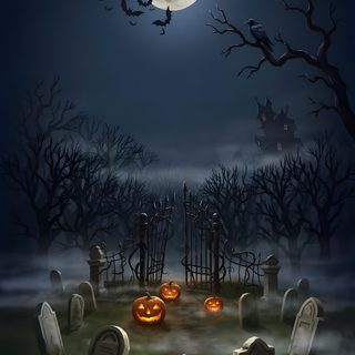 a cemetery with pumpkins and bats in the night sky, full of moon light Spooky Spooky Halloween Scary dark slate gray
