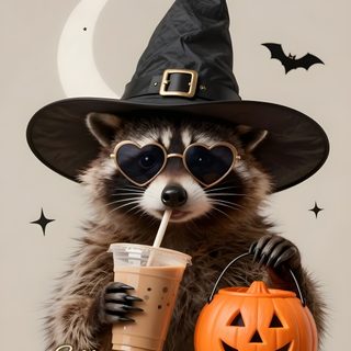 a raccoon dressed up as a witch with a drink in its mouth and holding a pumpkin Halloween Raccoon Racoon, Halloween, tan