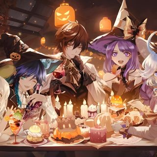 an image of some anime characters at a table with candles and pumpkins on it Halloween Genshin Halloween Laptop Aesthetic, Genshin Official Pc, Genshin Impact Halloween, saddle brown