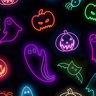 glowing neon halloween stickers on a black background with ghost, pumpkins and bats Neon Halloween Pattern Halloween Kürbis Schnitzen, Halloween Iphone Backgrounds, Halloween Backgrounds, black