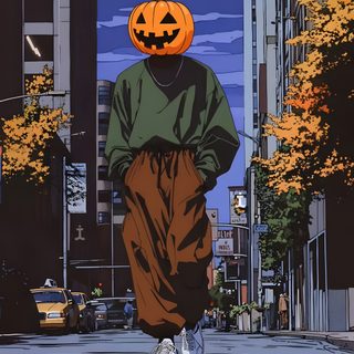 a person walking down the street with a pumpkin on their head Dope Halloween Halloween 2k, Halloween Portrait, Aesthetic Halloween Boys, Art Halloween, dark slate gray