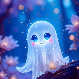 a cute little ghost sitting on top of a tree branch in the night with blue eyes Blue Cute Halloween Cute Little Ghost, Cute Ghost Iphone, Halloween Glitter Iphone,