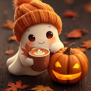 a small doll holding a cup of coffee next to a pumpkin Halloween Ghost Iphone Happy Halloweeen, Halloween Image, Halloween Pics, saddle brown