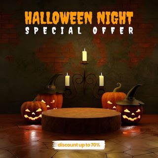halloween night special offer with pumpkins and jack - o'- lanternes on the table Halloween Podium Budget-friendly Halloween Shopping, Halloween Discount Deals, Halloween Night Special Offer Poster, black
