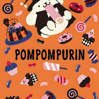 an orange background with various items on it and the words pompompuin Pom Pom Purin Halloween Pompompurin Pumpkin, Pom Pom Purin Halloween, Sanrio Pompompurin Halloween, peru