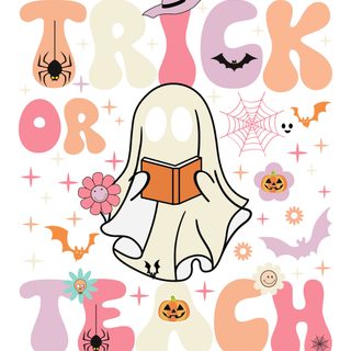an image of a trick or treat poster with ghost and pumpkins on the background Halloween Teacher white