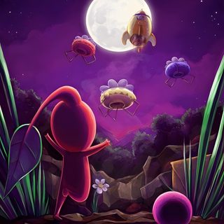 an image of some cartoon characters flying in the air over plants and rocks at night Pikmin Halloween Pikmin Poster Displate, Pikmin Artwork, Pikmin Illustration, Pikmin Live, midnight blue