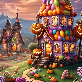 an image of a halloween scene with candy land Halloween Candy House Halloween Candyland, Candy Corn Hd, Halloween Candy Corn, sienna