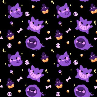 purple cats and bones on a black background with oranges, yellows, and blue Halloween Pokémon Ghost Pokémon, Purple Pokémon, Pokemon Ghost, Ghost Type Pokemon Background, black