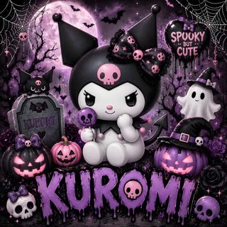 an image of a cartoon character surrounded by halloween decorations and pumpkins with the words kuromi on it Halloween Purple Halloween Cute Kuromi dark slate gray
