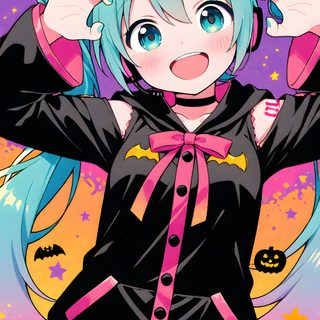 an anime character with blue hair holding her hands up in the air and wearing headphones Halloween Miku Hatsune Miku, Anime Drawings, Halloween, Drawings, dim gray