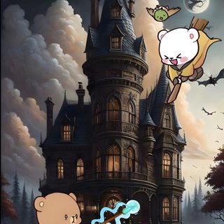 an animated image of a bear and a cat in front of a creepy house Milk And Mocha Halloween Milkand Mocha Bear, Milk Mocha Bear Halloween, Milk And Mocha Halloween, dark slate gray