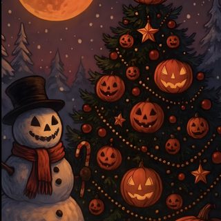 a painting of a snowman next to a christmas tree with pumpkins on it Halloween Christmas Haunted Christmas, Scary Christmas Iphone, Christmas Horror, dark slate gray