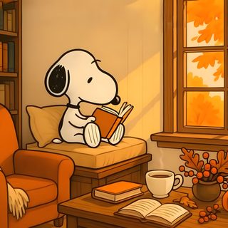 a cartoon dog sitting in a chair reading a book next to a table with a coffee cup on it Snoopy Halloween Desktop Thanksgiving Snoopy Laptop, Cute Images With Quotes, Tablet, Imac, Xiaomi, chocolate