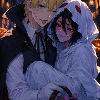two anime characters hugging each other in front of a halloween pumpkin basket with jack - o'- lantern on it Naruto Halloween dark slate gray