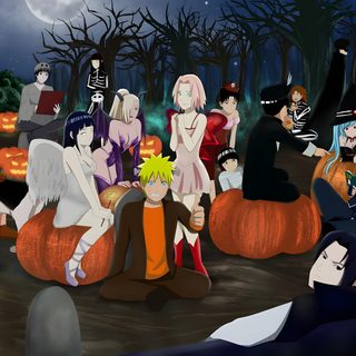 a group of cartoon characters sitting on pumpkins in the woods with jack - o'- lanterns Naruto Halloween Naruto Halloween, Haikyuu Halloween Icons, Naruto Halloween Pfp, dark slate gray