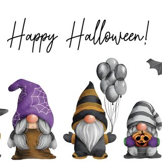 an image of halloween gnomes with balloons Halloween Gnome Desktop Gnome Images, Halloween Gnome Cartoon, Halloween, Images Of Halloween Gnomes, snow