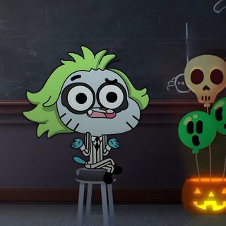 a cartoon character standing in front of a blackboard with a pumpkin and skull on it Gumball Halloween The Amazing World Of Gumball Zombie, Creepy Clown Amazing World Of Gumball, Gumball As Beetlejuice, dark slate gray