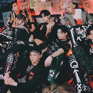 the group is posing for a photo in front of graffiti covered walls and flooring Bts Halloween Laptop Season Greetings 2022, Seasons Greetings 2022, Bts Group Concept, dark slate gray